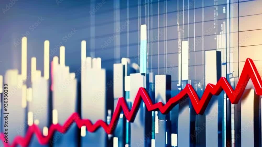 A 3D red arrow pointing up on a blue and grey graph background. A 3D red arrow pointing up on a blue and grey graph background.