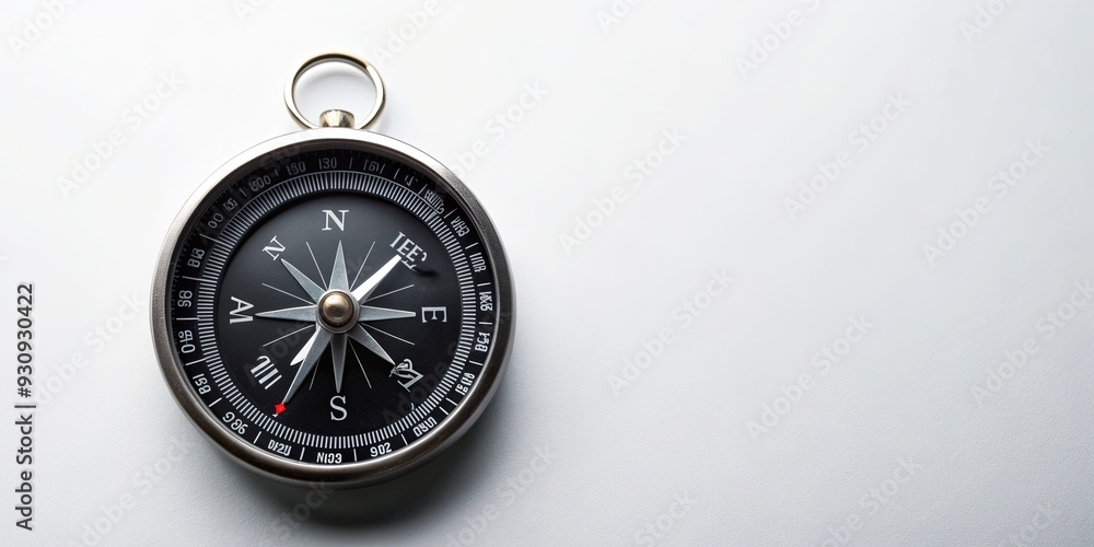 Top view of a black compass on a white background, navigation, direction, travel, exploration, tool, equipment, orientation Top view of a black compass on a white background, navigation, direction, travel, exploration, tool, equipment, orientation