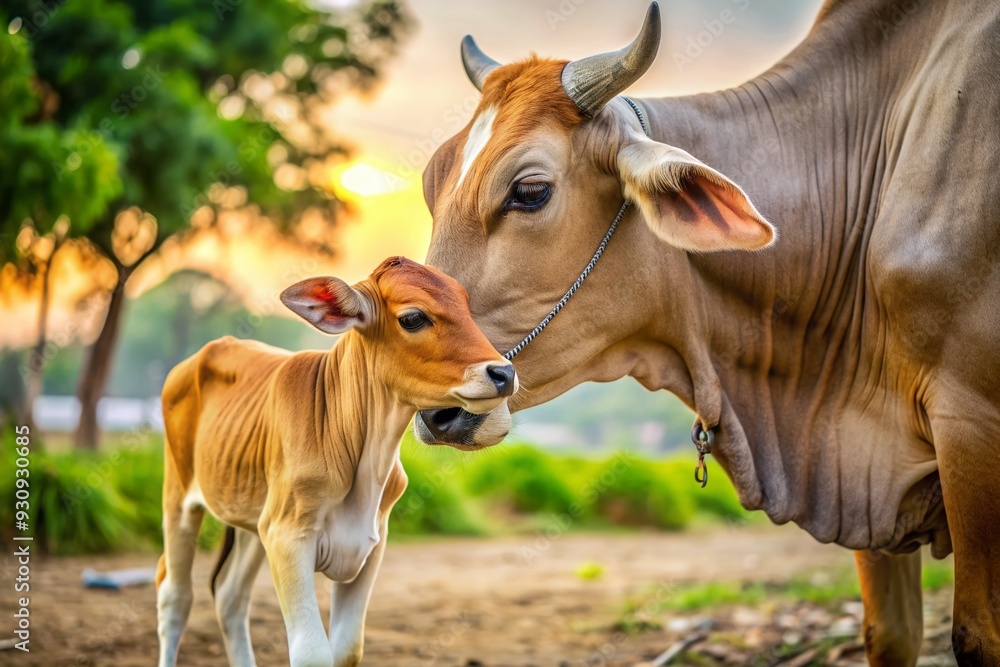 Adorable Indian cow tenderly feeds its playful calf, which drinks milk eagerly, showcasing the heartwarming bond between mother and baby in a rural cattle farm setting. Adorable Indian cow tenderly feeds its playful calf, which drinks milk eagerly, showcasing the heartwarming bond between mother and baby in a rural cattle farm setting.