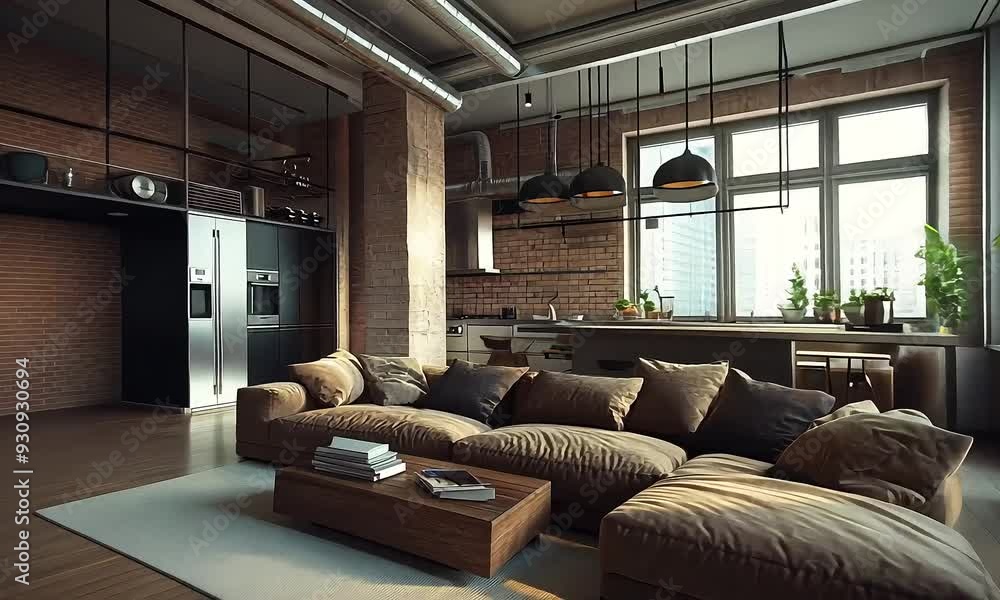 Modern industrial loft with cozy living area with ai generated.
Modern industrial loft with cozy living area with ai generated.