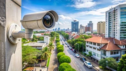 A modern security camera installed on the exterior wall of a building, monitoring the surroundings with a clear view of the street in Surabaya, Indonesia.