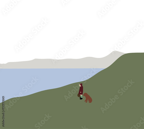 Girl in red hood standing and looking at ocean view with her dog on green mountain. Spend time with pet in nature.