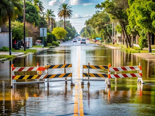 A deserted street submerged in floodwater with road closed signs and barriers, emphasizing the importance of safety and restricted transportation during a catastrophic hurricane.
