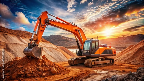 Orange excavator digs deep into the earth, its powerful machinery and precise movements reshaping the terrain with impressive efficiency and control in arid landscape.