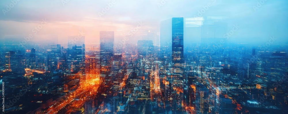 Fototapeta premium A vibrant cityscape illuminated by twilight, showcasing towering buildings and glowing streets, blending urban life with serenity.