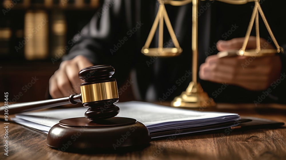 Gavel and Scales of Justice on a Wooden Table Gavel and Scales of Justice on a Wooden Table
