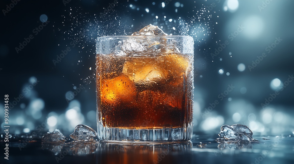 Chilled Whiskey with Ice Cubes in a Dramatic Setting Chilled Whiskey with Ice Cubes in a Dramatic Setting