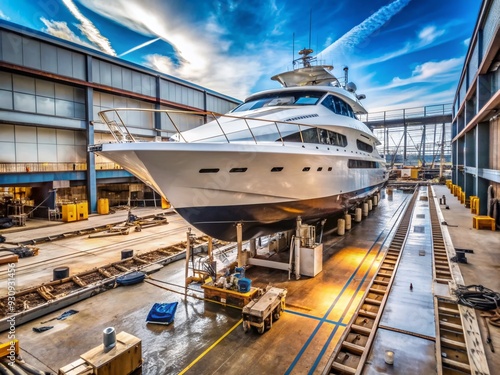 Luxurious motor yacht perched on blocks in a bustling dry dock, surrounded by tools and equipment, undergoing repairs and maintenance in a busy shipyard.