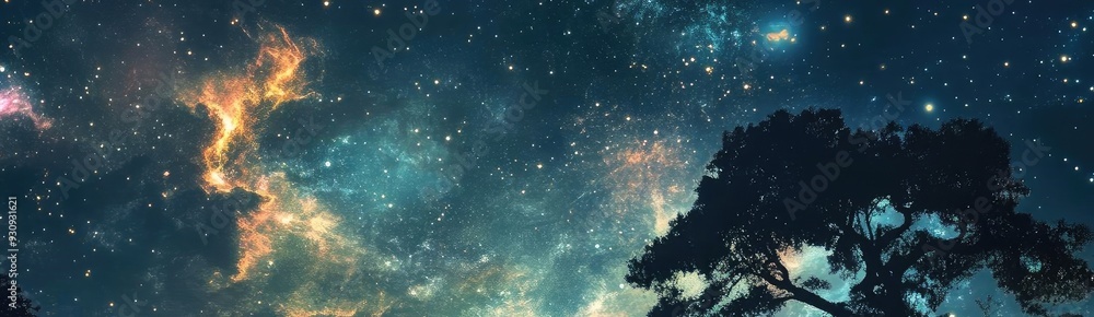 Fototapeta premium A mesmerizing night sky filled with stars, swirling galaxies, and a serene moon reflecting on calm water near silhouetted trees.