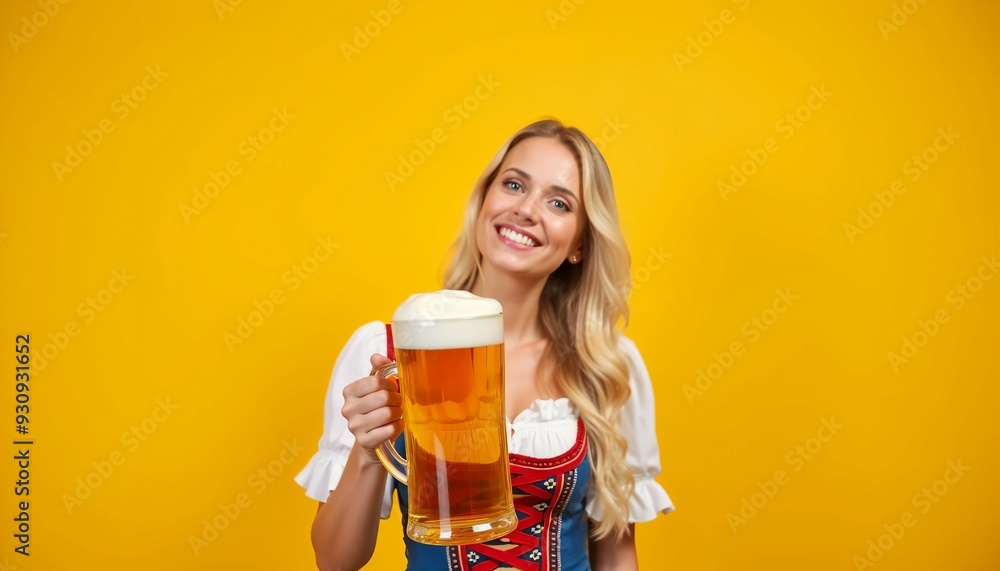 Beautiful waitress smiling beer mug drindl dress oktoberfest festival yellow background Beautiful waitress smiling beer mug drindl dress oktoberfest festival yellow background