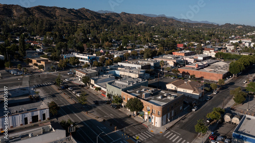 Los Angeles, California, USA - August 18, 2024: Late afternoon sunlight shines on the historic downtown Eagle Rock historic core.