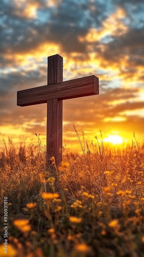 Cross Silhouetted Against a Golden Sunset in a Field Cross Silhouetted Against a Golden Sunset in a Field