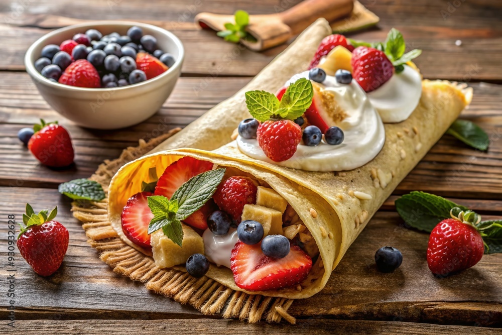Freshly prepared crepe wrapped around sliced bananas, mixed berries, and topped with granola, served on a rustic wooden table with a dollop of yogurt nearby. Freshly prepared crepe wrapped around sliced bananas, mixed berries, and topped with granola, served on a rustic wooden table with a dollop of yogurt nearby.
