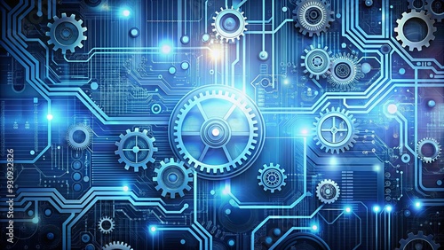 Abstract background showcasing various technological elements like circuits, binary codes, gears