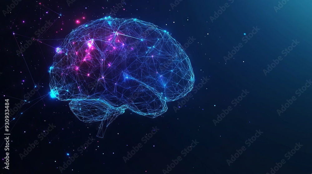 Brain low poly color. With dark blue background. Low poly wireframe with lines, dots and glowing particles Brain low poly color. With dark blue background. Low poly wireframe with lines, dots and glowing particles