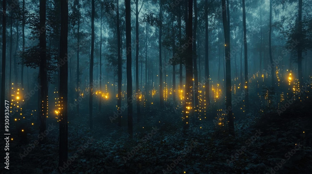 A mystical forest at dusk, illuminated by glowing lights, creating an enchanting and serene atmosphere, perfect for nature lovers. A mystical forest at dusk, illuminated by glowing lights, creating an enchanting and serene atmosphere, perfect for nature lovers.