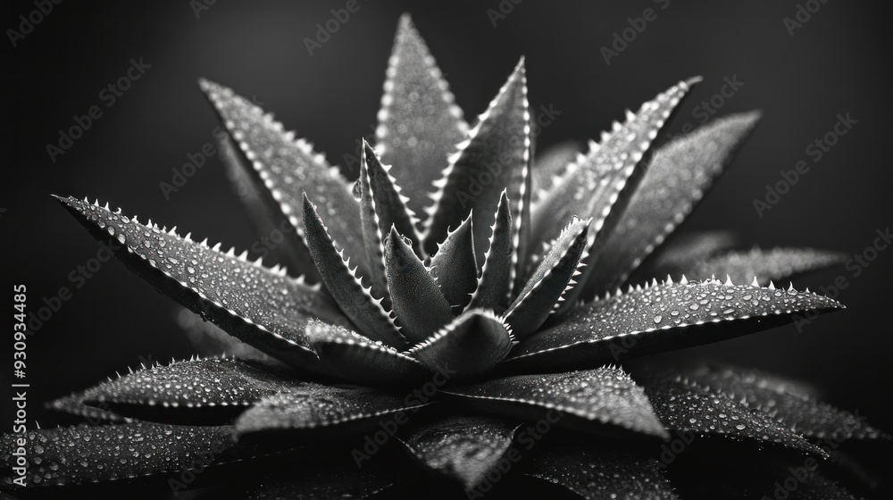 Black and White Close-Up of a Dew-Covered Aloe Vera Plant Black and White Close-Up of a Dew-Covered Aloe Vera Plant