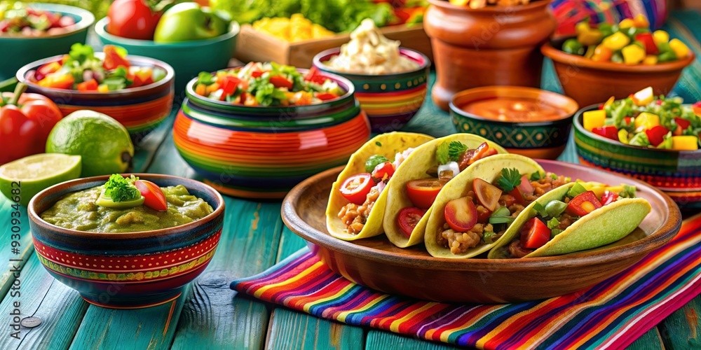 Traditional Mexican fiesta with loaded tacos, fresh salsa, and guacamole served in colorful pottery Traditional Mexican fiesta with loaded tacos, fresh salsa, and guacamole served in colorful pottery