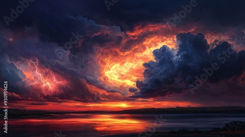 A fiery sunset with lightning strikes illuminates the sky above a calm lake.