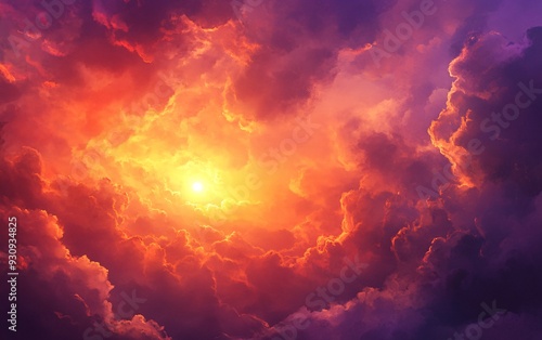 Dramatic sunset with a bright sun shining through thick clouds.