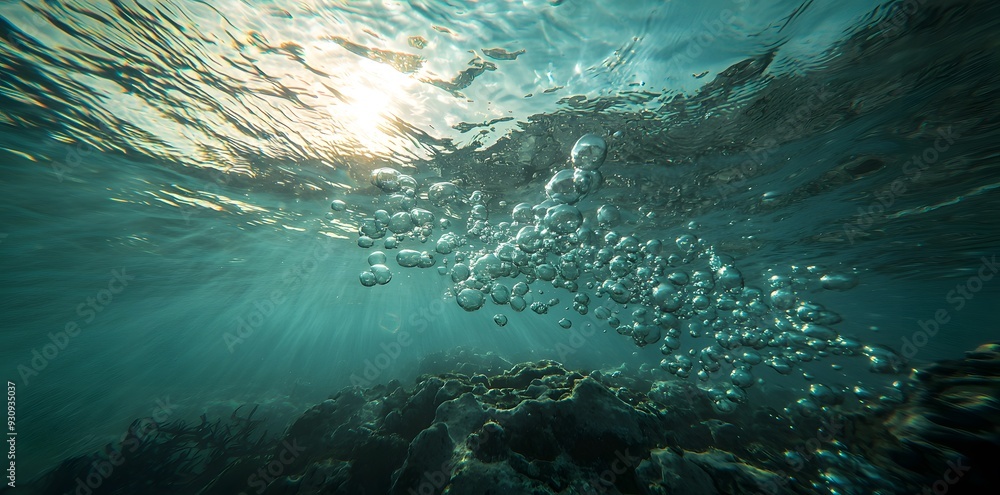 Obraz premium Bubbles rising from the ocean floor, creating a captivating underwater scene filled with life