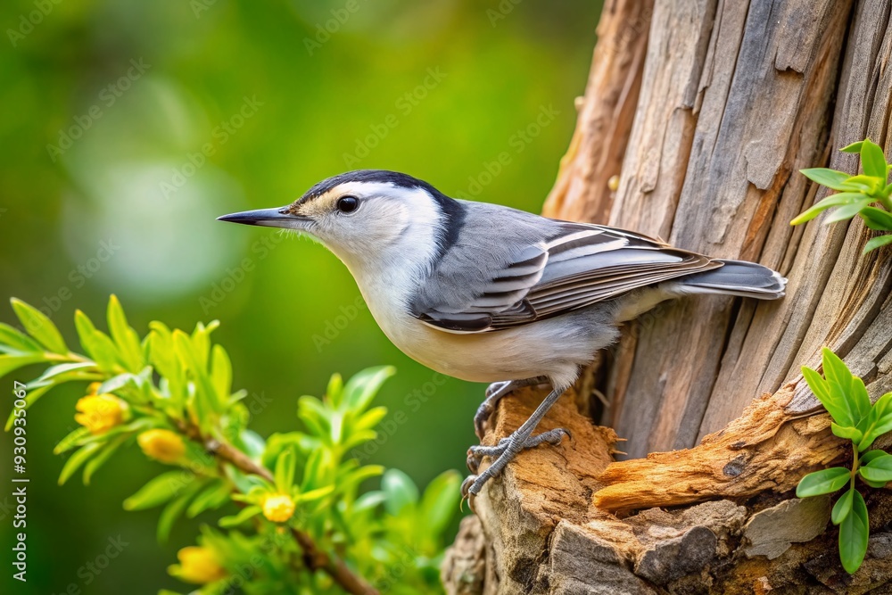 Fototapeta premium A small, agile white-breasted nuthatch searches for hidden insects on the weathered bark of a dead tree, surrounded by fresh greenery of spring.