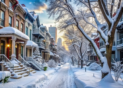 Frozen winter wonderland scene with thick snow covering streets, sidewalks, and buildings in Montreal, showcasing the city's serene beauty under a blanket of white. photo