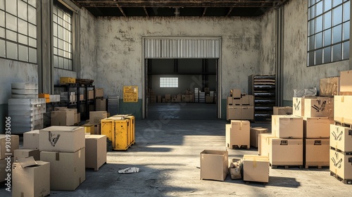 A large, empty warehouse with stacks of cardboard boxes, shelves, and an open doorway leading to another room. The concrete floor is dusty and there is a single piece of trash on the ground.