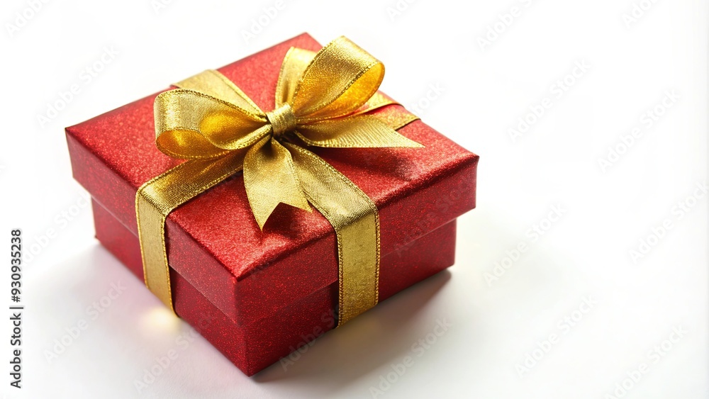 Fototapeta premium Red gift box with shimmering gold bow on white background, present, surprise, celebration, holiday, ribbon