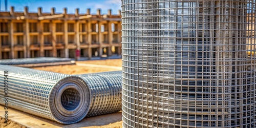 Coiled roll of wire mesh steel fencing stands upright on a construction site, providing a versatile and durable material for various building projects background. photo