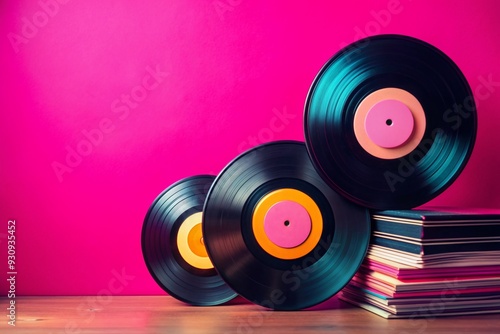 Retro vinyl records stacked on a vibrant pink background, showcasing vintage music media in a trendy, nostalgia-tinged still life composition with a modern twist. photo