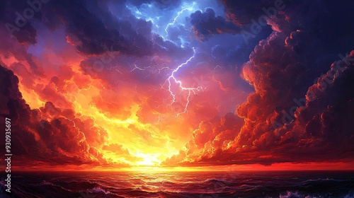 A dramatic sunset with lightning striking through stormy clouds over a vast ocean.