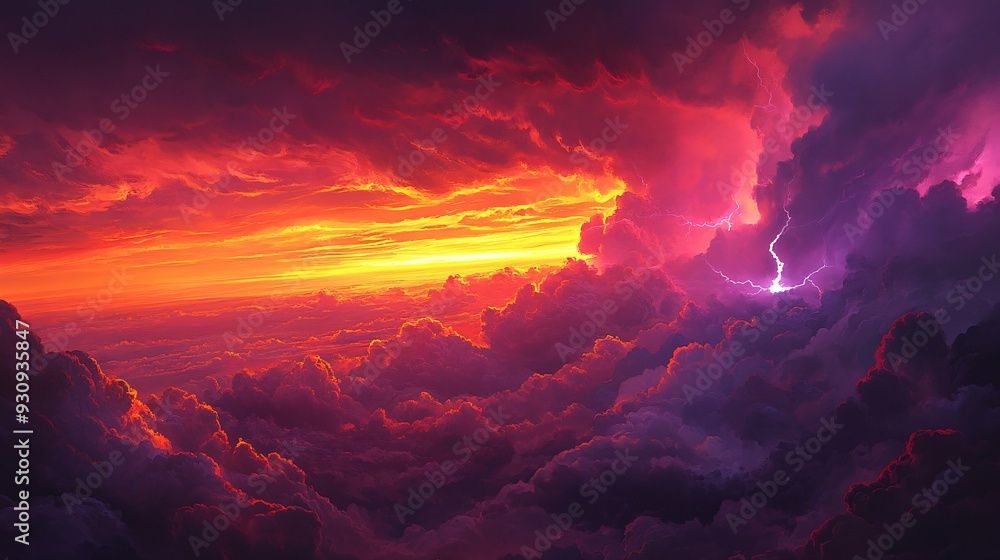 Fototapeta premium A vibrant sunset sky with dramatic clouds and lightning strikes.