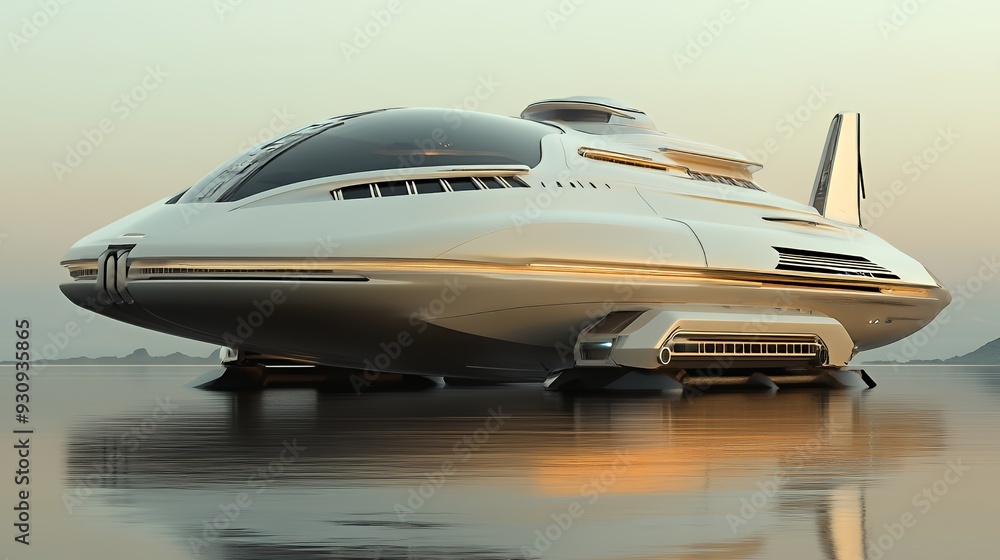 A futuristic white spaceship, with a domed cockpit and sleek design, floats on a calm body of water at sunset. A futuristic white spaceship, with a domed cockpit and sleek design, floats on a calm body of water at sunset.