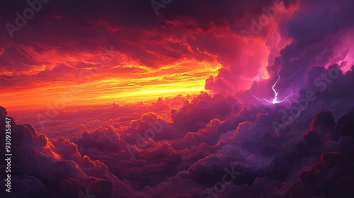 A vibrant sunset sky with dramatic clouds and lightning strikes.