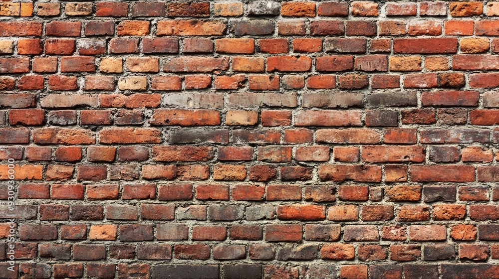 Naklejka premium Red brick wall. Texture of old dark brown and red brick wall panoramic backgorund , ai