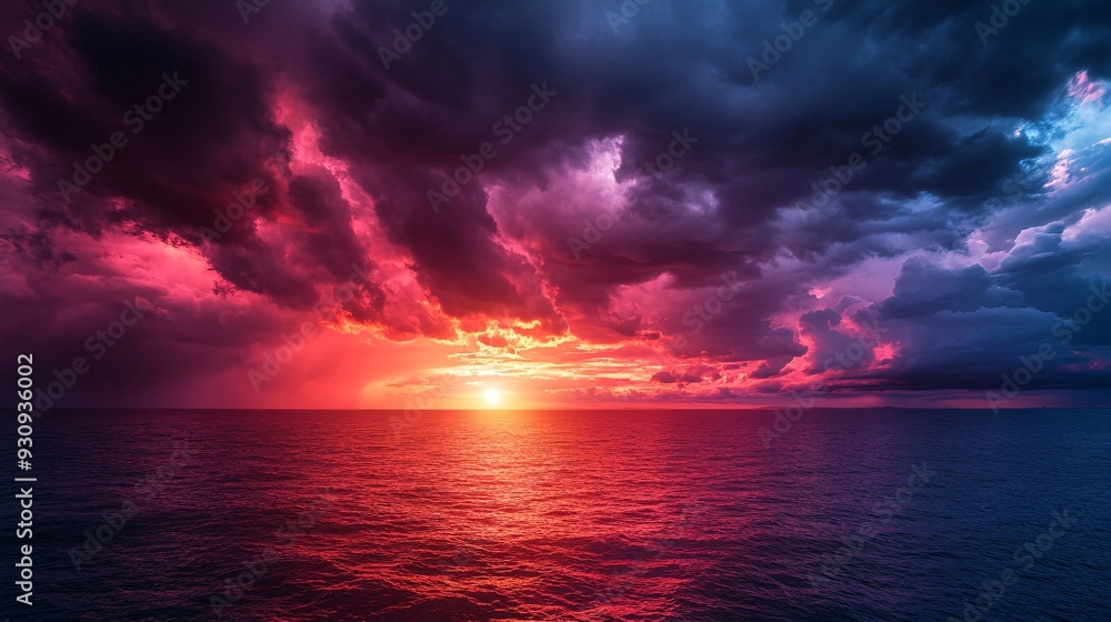 A vibrant sunset over the ocean with dramatic clouds casting a fiery glow on the water. A vibrant sunset over the ocean with dramatic clouds casting a fiery glow on the water.