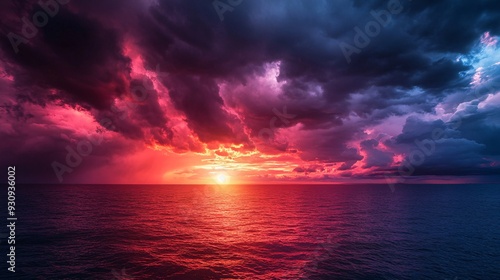 A vibrant sunset over the ocean with dramatic clouds casting a fiery glow on the water.