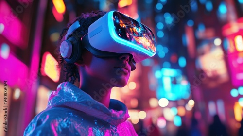 Woman with VR Headset in Neon City