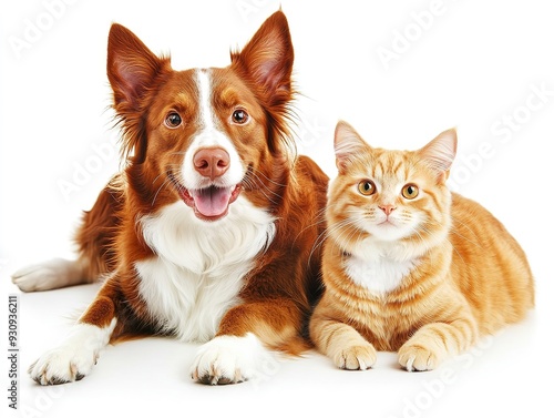 Adorable Ginger Cat and Red Border Collie Posing Playfully Together in a Studio, Capturing the Essence of Companionship and Whimsy in Animal Photography