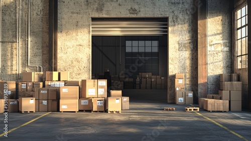 A large warehouse with stacks of cardboard boxes in front of a large garage door.