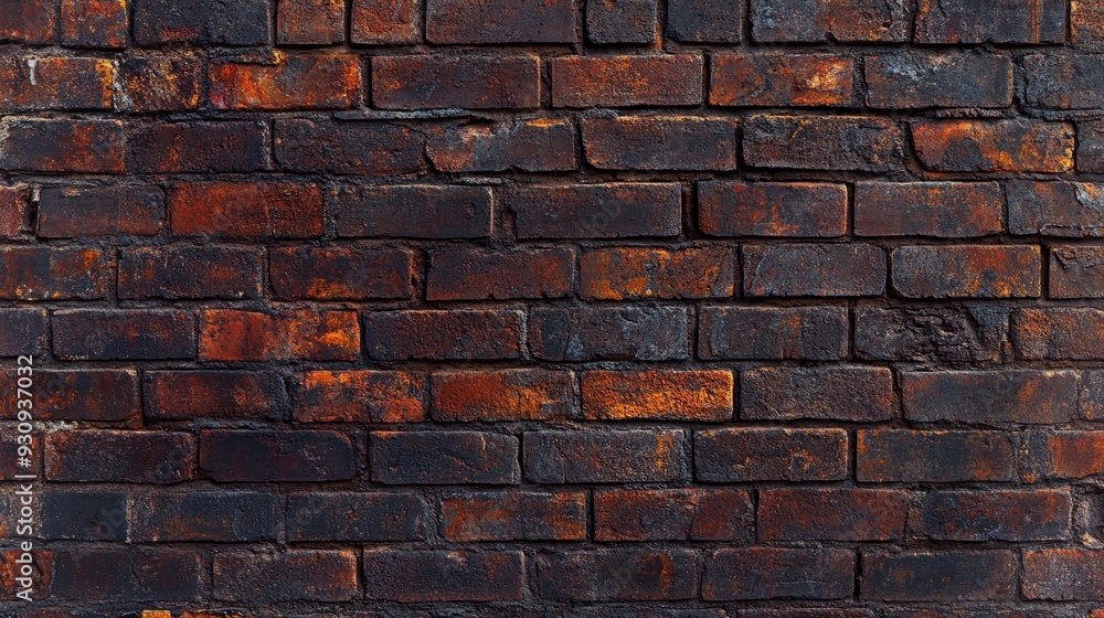 Red brick wall. Texture of old dark brown and red brick wall panoramic backgorund , ai