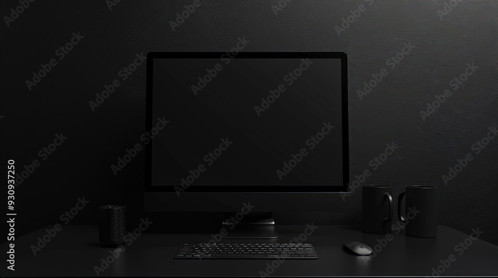 black computer screen on a black desk decoration black computer screen on a black desk decoration