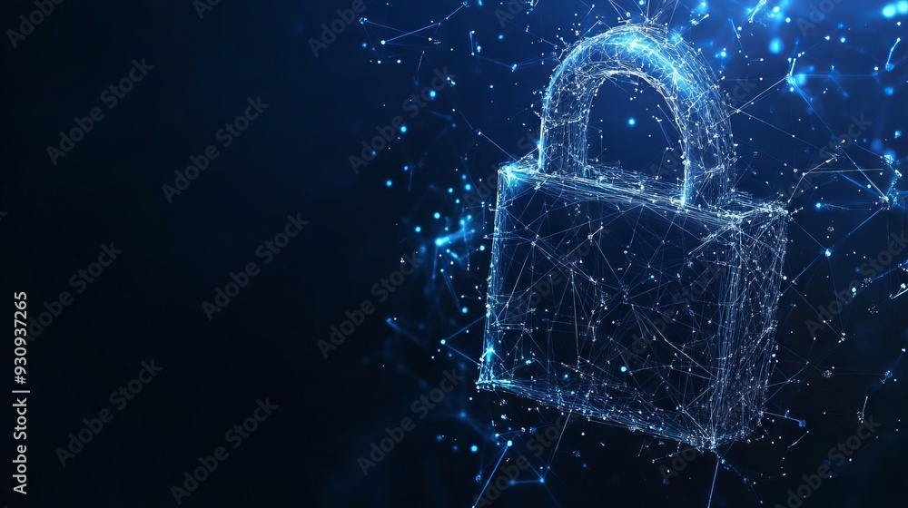 Lock low poly touch With dark blue background. Low poly wireframe with lines, dots and glowing particles Lock low poly touch With dark blue background. Low poly wireframe with lines, dots and glowing particles