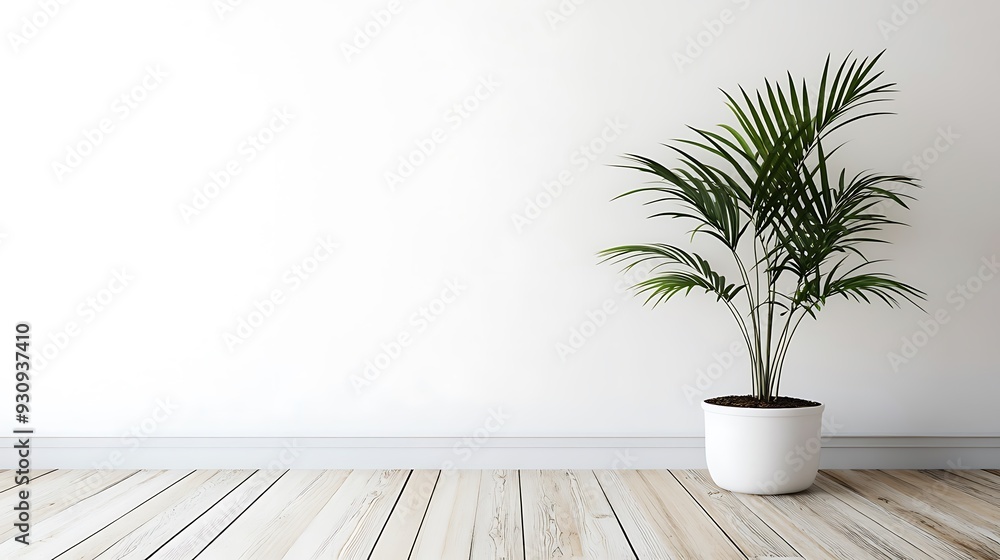 Empty white room interior with plant pot on a wooden floor Empty white room interior with plant pot on a wooden floor