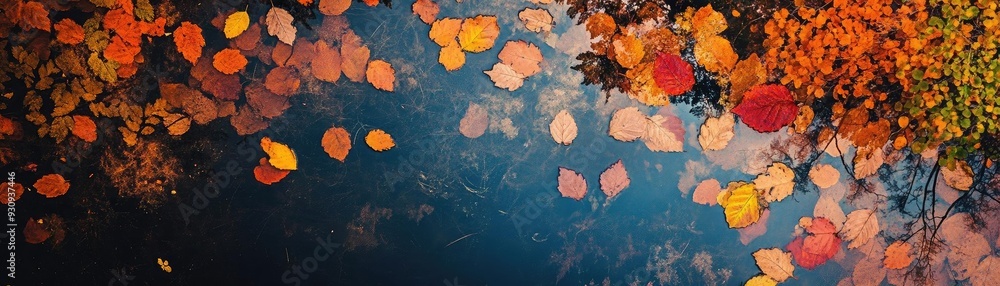 A serene autumn scene featuring colorful leaves floating on calm water, capturing the essence of seasonal beauty and tranquility. A serene autumn scene featuring colorful leaves floating on calm water, capturing the essence of seasonal beauty and tranquility.