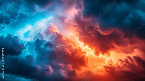 Dramatic stormy sky with lightning and vibrant red and blue clouds.
