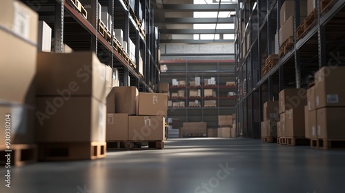 An empty aisle in a large warehouse with cardboard boxes stacked on pallets. The shelves are full of boxes. Sunlight streams in from skylights in the ceiling.