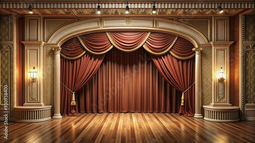Classic interior with curtains and stage in rendering, theater, performance, elegant, vintage, luxury, theatrical