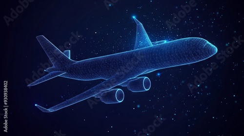 Polygonal airliner With dark blue background. Low poly wireframe with lines, dots and glowing particles photo